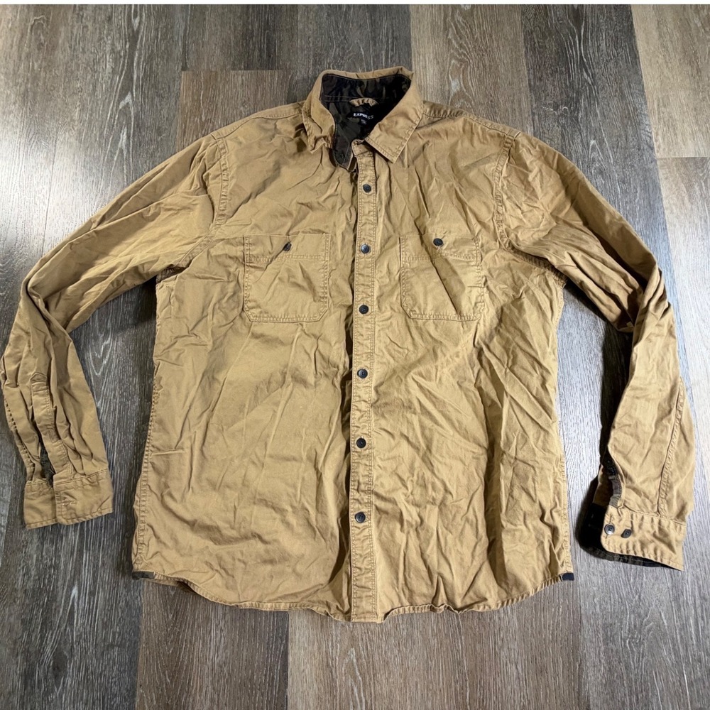Express Button Up Shirt Mens Large Tan Long Sleeve Camo Trim Workwear Utility